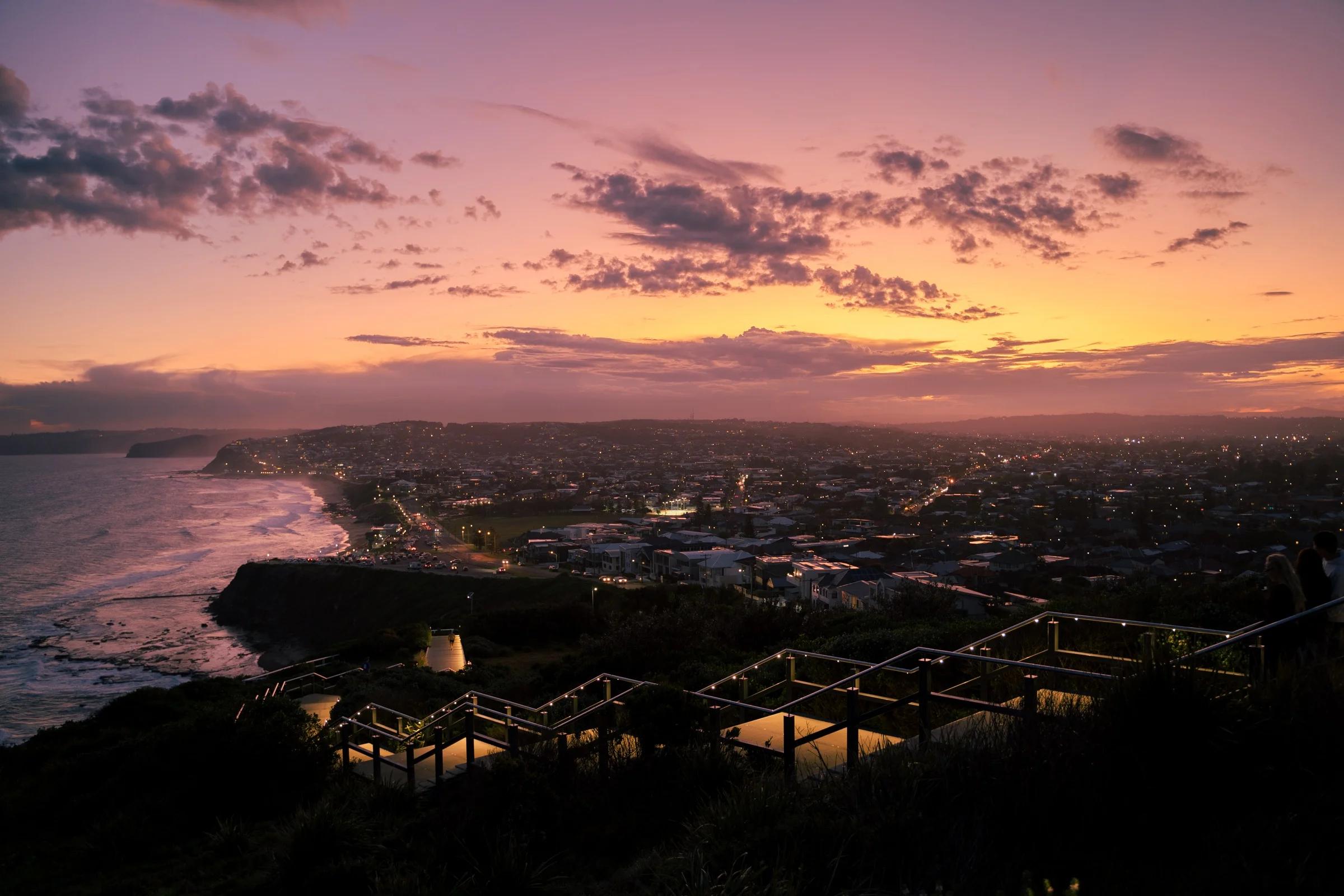 Coastal Town Under Twilight Glow