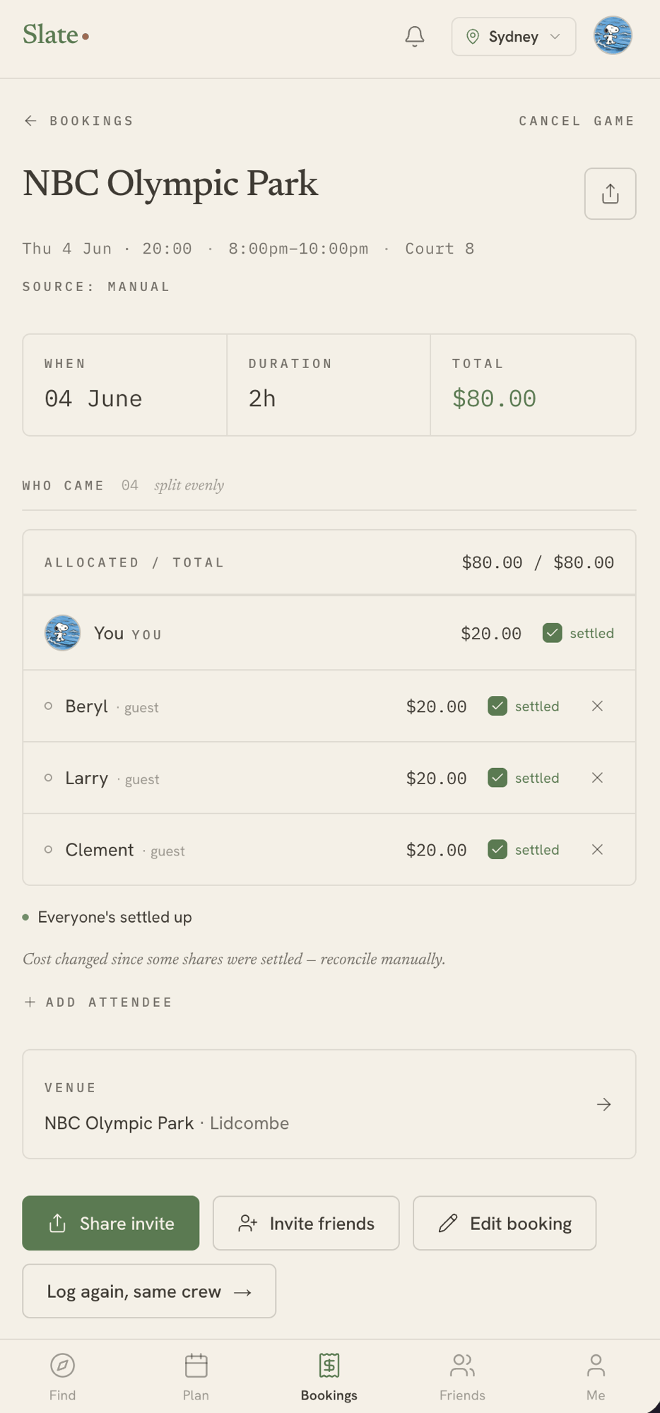 A logged game in the ledger: four attendees, costs split evenly, everyone settled